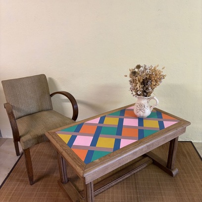 Vente avec paiement en ligne: Table basse vintage bois massif géométrique multicolore