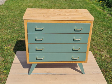 Vente avec paiement en ligne: Commode Vintage Pieds Compas Vert Parisien Rénovée