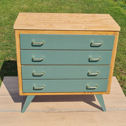 Vente avec paiement en ligne: Commode Vintage Pieds Compas Vert Parisien Rénovée