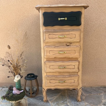 Vente avec paiement en ligne: Chiffonnier en bois massif, brut et noir à paillettes dorées 