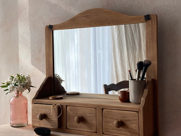 Vente avec paiement en ligne: Étagère murale ancienne pin miroir 3 tiroirs