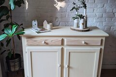 Vente avec paiement en ligne: Buffet vintage rénové bois clair beige lin