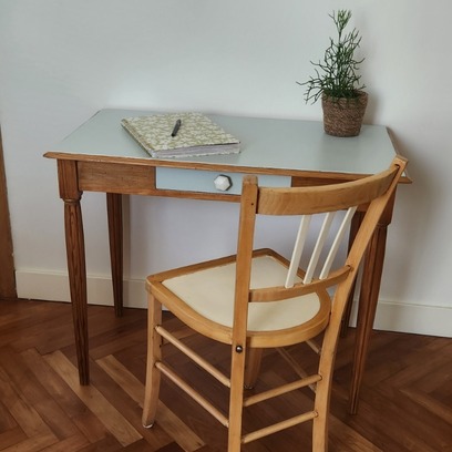 Vente avec paiement en ligne: Petit Bureau Bois Bleu, Pieds Rainurés