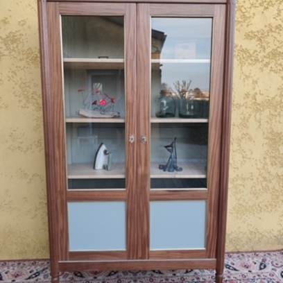 Vente avec paiement en ligne: Vitrine Bibliothèque Vitrée Restaurée Bois Bleu-Gris