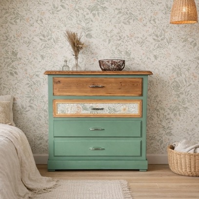 Vente avec paiement en ligne: Petite commode relookée vert et bois naturel