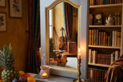 Vente avec paiement en ligne: Miroir vintage mural tablette chêne Art déco