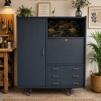 Vente avec paiement en ligne: Secrétaire vintage années 60 rénové bleu noir