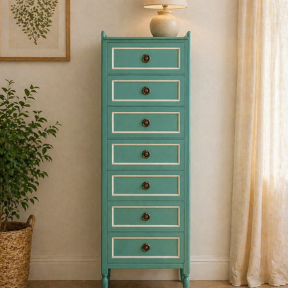 Vente avec paiement en ligne: Semainier Chiffonnier Louis XVI vert céladon laiton
