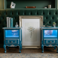 Vente avec paiement en ligne: Paire Chevets Louis XV Bleu-Paon LED Télécommande