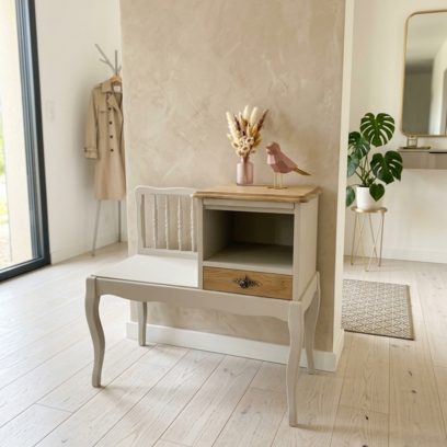 Vente avec paiement en ligne: Meuble téléphone vintage crème bois naturel tiroir