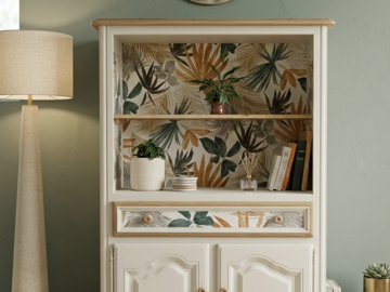 Vente avec paiement en ligne: Buffet bibliothèque upcyclé blanc bois brut floral