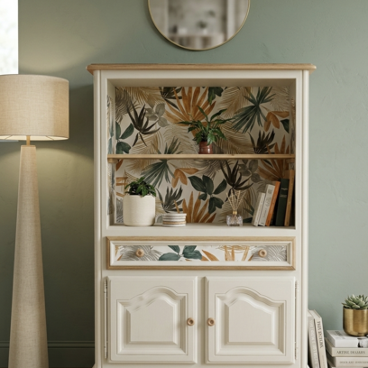 Vente avec paiement en ligne: Buffet bibliothèque upcyclé blanc bois brut floral