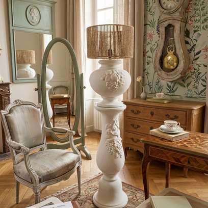 Vente avec paiement en ligne: Lampe sur pied vintage colonne plâtre jute