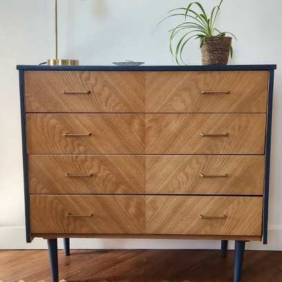 Vente avec paiement en ligne: Commode 4 tiroirs bois bleue à chevrons