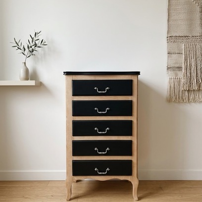 Vente avec paiement en ligne: Commode semainier Louis-Philippe noir bois, 5 tiroirs