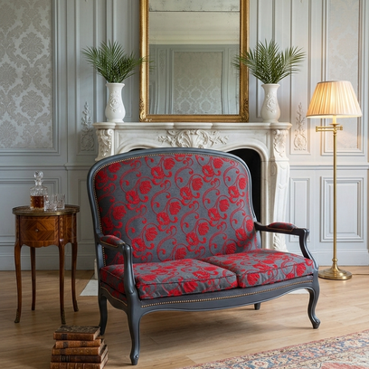 Vente avec paiement en ligne: Canapé Louis XV gris carbone jacquard rouge
