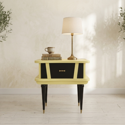 Vente avec paiement en ligne: Chevet vintage années 50/60 jaune noir relooké "Abeille"