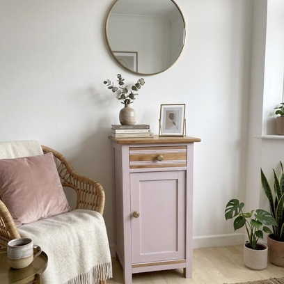 Vente avec paiement en ligne: Table de chevet rose vintage bois laiton