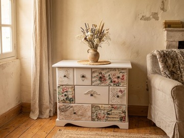 Vente avec paiement en ligne: Commode shabby chic bleu céleste pin massif