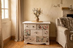 Vente avec paiement en ligne: Commode shabby chic  céleste pin massif
