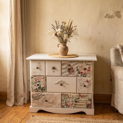 Vente avec paiement en ligne: Commode shabby chic  céleste pin massif
