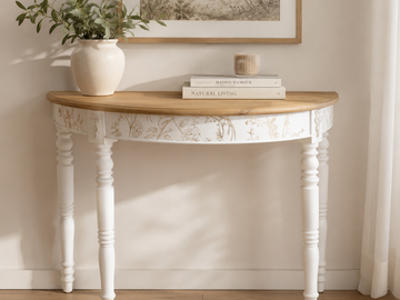 Vente avec paiement en ligne: Console demi-lune merisier ancienne patinée feuille d’or