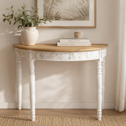 Vente avec paiement en ligne: Console demi-lune merisier ancienne patinée feuille d’or