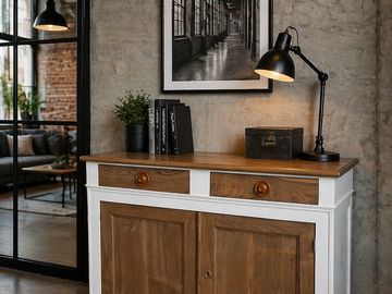 Vente avec paiement en ligne: Buffet ancien restauré en bois couleur lin