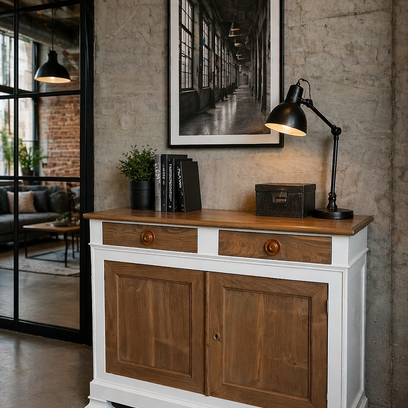 Vente avec paiement en ligne: Buffet ancien restauré en bois couleur lin