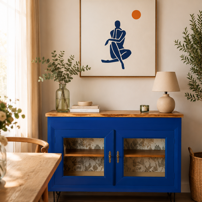 Vente avec paiement en ligne: Buffet Bas Vitré Bleu Klein Bois Naturel
