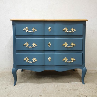 Vente avec paiement en ligne: Commode merisier vintage rénovée 3 tiroirs laiton