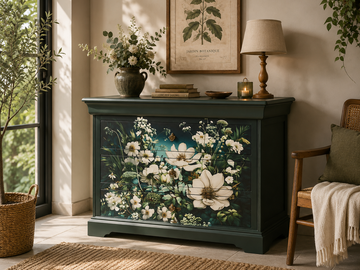 Vente avec paiement en ligne: Commode merisier florale peinte 4 tiroirs bohème