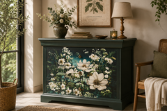 Vente avec paiement en ligne: Commode merisier florale peinte 4 tiroirs bohème
