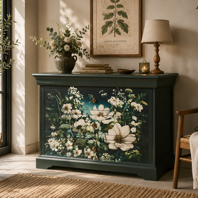 Vente avec paiement en ligne: Commode merisier florale peinte 4 tiroirs bohème