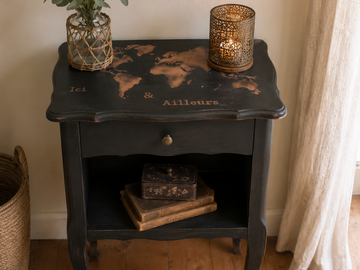 Vente avec paiement en ligne: Meuble d’appoint vintage noir patiné bois massif
