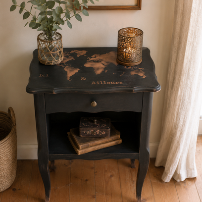 Vente avec paiement en ligne: Meuble d’appoint vintage noir patiné bois massif