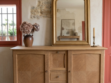 Vente avec paiement en ligne: Enfilade vintage 50/60 en chêne massif marquetée