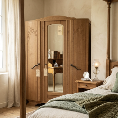 Vente avec paiement en ligne: Armoire Art Déco chêne massif miroir biseauté