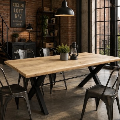 Vente avec paiement en ligne: Table à manger industrielle chêne bois-brut pieds-IPN