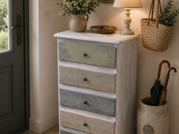 Vente avec paiement en ligne: Chiffonnier 5 tiroirs pin massif shabby chic