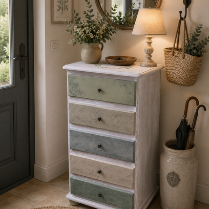 Vente avec paiement en ligne: Chiffonnier 5 tiroirs pin massif shabby chic
