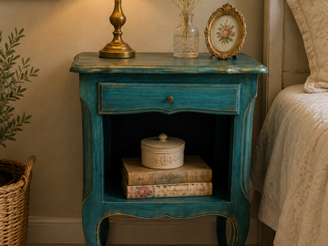 Vente avec paiement en ligne: Table de chevet vintage bleu canard patinée