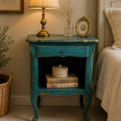 Vente avec paiement en ligne: Table de chevet vintage bleu canard patinée