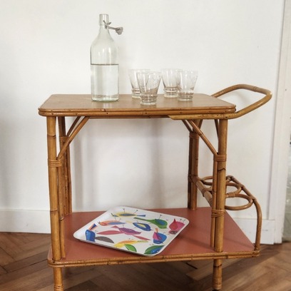 Vente avec paiement en ligne: Desserte roulante bar rotin bambou terracotta