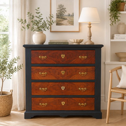Vente avec paiement en ligne: Commode ancienne bois noir mat 4 tiroirs