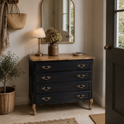 Vente avec paiement en ligne: Commode noire vintage rénovée poignées dorées