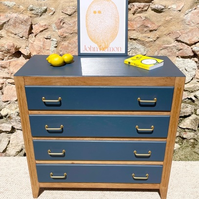 Vente avec paiement en ligne: Commode années 50 tiroirs bleu marine