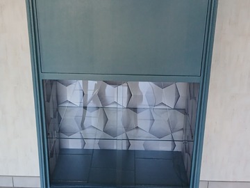 Vente avec paiement en ligne: Secrétaire vitrine teck bleu canard porte abattante