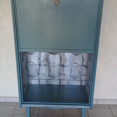 Vente avec paiement en ligne: Secrétaire vitrine teck bleu canard porte abattante