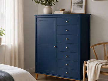 Vente avec paiement en ligne: Commode scandinave bleu, 7 tiroirs, pieds compas